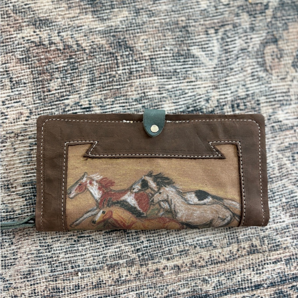 Crimson Willow Genuine Leather Western Wallet Cowhide Horse Print Cowgirl